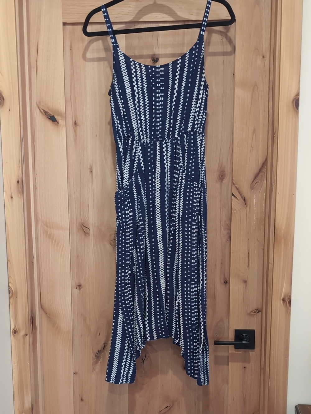 CAbi Navy & White Striped Midi Dress with Spaghetti Straps